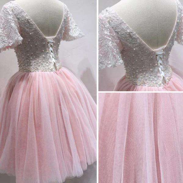 Chic / Belle Rougissant Rose Robe De Fete 2018 Princesse En Dentelle Perle V-Cou Dos Nu Manches Courtes Courte Robe De Ceremonie