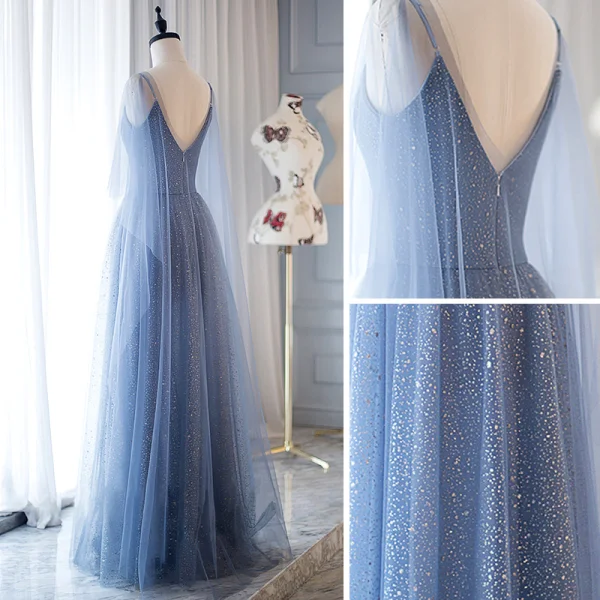 Modern / Fashion Ocean Blue Evening Dresses 2018 A-Line / Princess Glitter Spaghetti Straps Backless Sleeveless Floor-Length / Long Formal Dresses