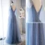Modern / Fashion Ocean Blue Evening Dresses  2018 A-Line / Princess Glitter Spaghetti Straps Backless Sleeveless Floor-Length / Long Formal Dresses