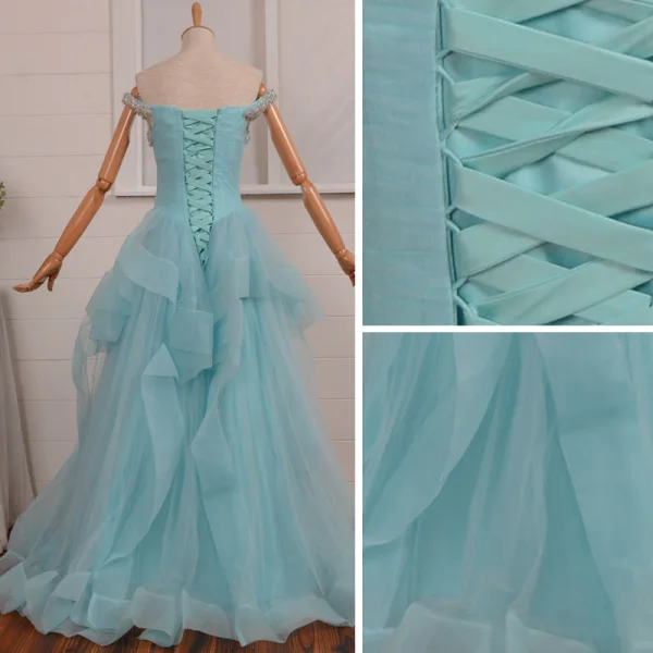 Chic / Beautiful Sky Blue Prom Dresses 2018 A-Line / Princess Rhinestone Sequins Cascading Ruffles Off-The-Shoulder Backless Sleeveless Floor-Length / Long Formal Dresses