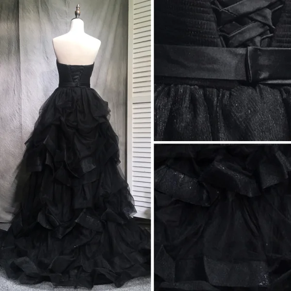Elegante Schwarz Ballkleider 2018 A Linie Perlenstickerei Kristall Pailletten Fallende Rüsche Off Shoulder Rückenfreies Ärmellos Sweep / Pinsel Zug Festliche Kleider