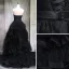 Elegante Schwarz Ballkleider 2018 A Linie Perlenstickerei Kristall Pailletten Fallende Rüsche Off Shoulder Rückenfreies Ärmellos Sweep / Pinsel Zug Festliche Kleider