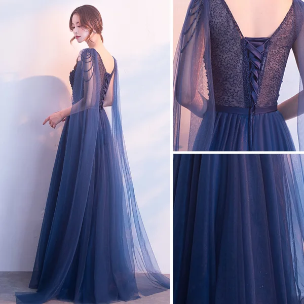Chic / Belle Bleu Marine Robe De Soirée 2018 Princesse Perle Noeud V-Cou Dos Nu Sans Manches Watteau Train Longue Robe De Ceremonie
