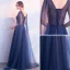 Chic / Belle Bleu Marine Robe De Soirée 2018 Princesse Perle Noeud V-Cou Dos Nu Sans Manches Watteau Train Longue Robe De Ceremonie