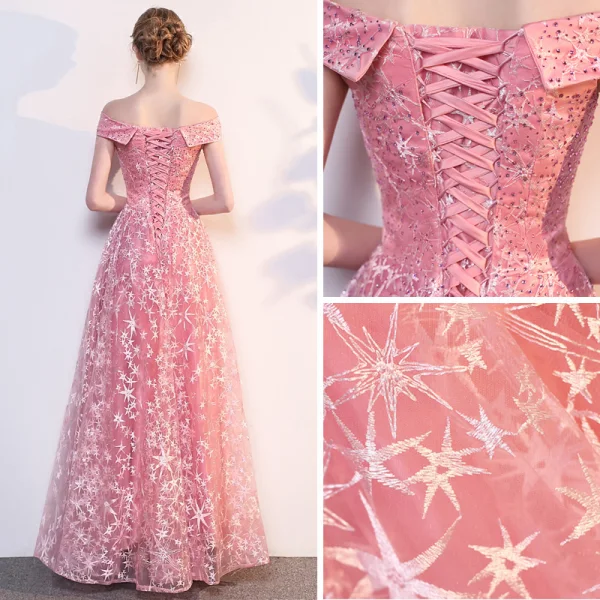 Mode Rosa Selskabskjoler 2018 Prinsesse Stjerne Broderet Rhinestone Off-The-Shoulder Ærmeløs Halterneck Lange Kjoler