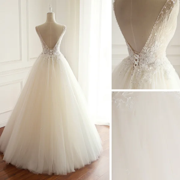 Chic / Belle Champagne Robe De Mariée 2018 Princesse Perlage Paillettes En Dentelle V-Cou Dos Nu Sans Manches Longue Mariage