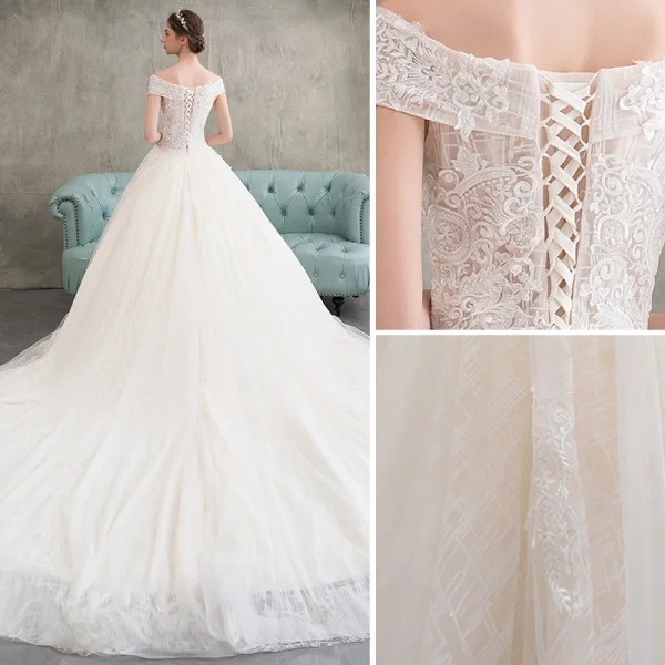 Elegant Champagne Wedding Dresses 2018 Ball Gown Appliques Lace Off-The-Shoulder Backless Sleeveless Cathedral Train Wedding