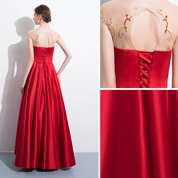 Chic / Belle Rouge Robe De Soirée 2018 Princesse Paillettes Encolure Dégagée Dos Nu Manches Courtes Longue Robe De Ceremonie