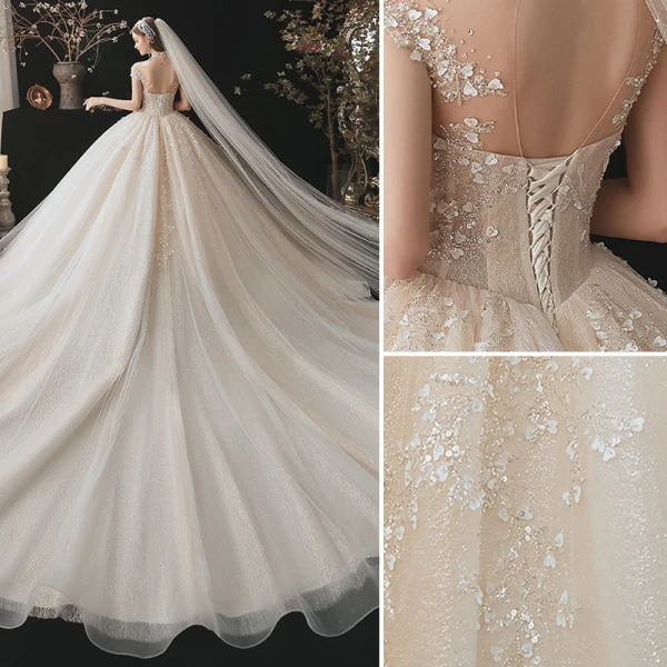 Luxury / Gorgeous Charming Champagne Wedding Dresses 2021 Ball Gown High Neck Beading Appliques Rhinestone Sequins Short Sleeve Backless Royal Train Wedding