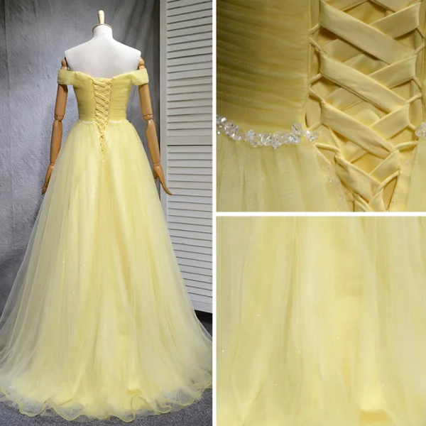 Schöne Gelb Ballkleider 2018 A Linie Pailletten Off Shoulder Rückenfreies Ärmellos Sweep / Pinsel Zug Festliche Kleider