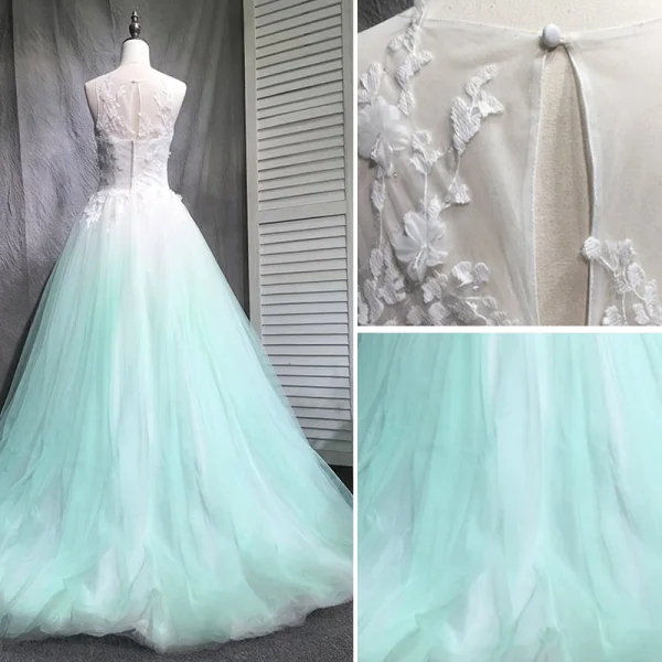 Chic / Beautiful Gradient-Color Prom Dresses 2018 Ball Gown Beading Appliques Lace Scoop Neck Backless Sleeveless Floor-Length / Long Formal Dresses