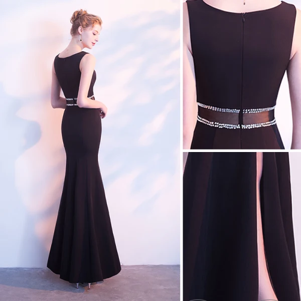 Elegante Schwarz Abendkleider 2018 Mermaid Pailletten Gespaltete Front Rundhalsausschnitt Ärmellos Lange Festliche Kleider
