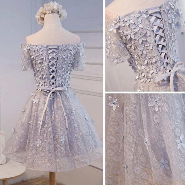 Chic / Belle Gris de retour Robe De Graduation 2018 Princesse Appliques En Dentelle Noeud De l'épaule Dos Nu Manches Courtes Courte Robe De Ceremonie
