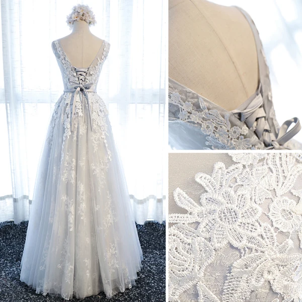 Snygga / Fina Grå Tärnklänningar 2018 Prinsessa Appliqués Spets Rosett Urringning Halterneck Ärmlös Långa Klänning Till Bröllop