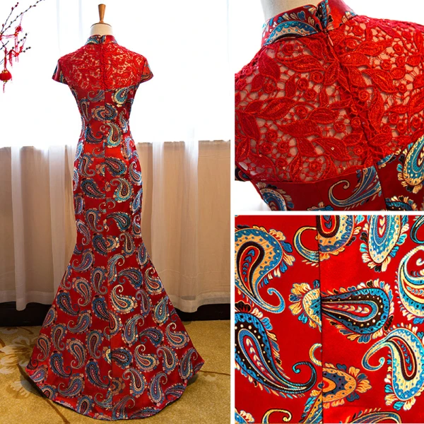 Chinese style Red Evening Dresses 2018 Trumpet / Mermaid Lace Embroidered Sequins Flower High Neck Short Sleeve Floor-Length / Long Formal Dresses