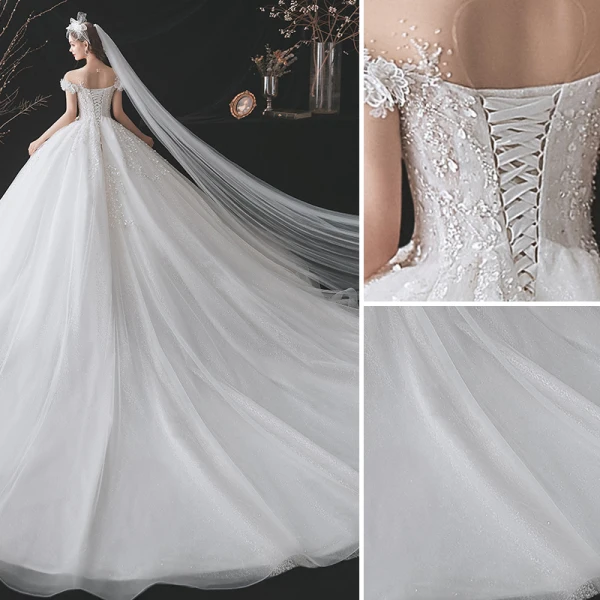 Mode Ivoire Robe De Mariée 2021 Robe Boule Encolure Dégagée Perlage Appliques En Dentelle Fleur Perle Paillettes Manches Courtes Dos Nu Royal Train Mariage