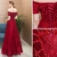Modern / Fashion Burgundy Evening Dresses  2018 A-Line / Princess Beading Crystal Lace Flower Off-The-Shoulder Backless Short Sleeve Floor-Length / Long Formal Dresses