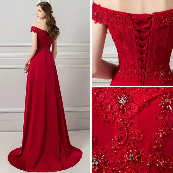 Schöne Burgunderrot Abendkleider 2018 A Linie Mit Spitze Perlenstickerei Perle Strass Off Shoulder Ärmellos Rückenfreies Sweep / Pinsel Zug Festliche Kleider