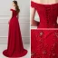 Schöne Burgunderrot Abendkleider 2018 A Linie Mit Spitze Perlenstickerei Perle Strass Off Shoulder Ärmellos Rückenfreies Sweep / Pinsel Zug Festliche Kleider