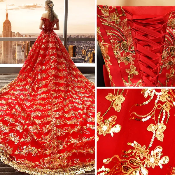 Luxe Rouge Robe De Mariée Princesse 2018 En Dentelle Paillettes De l'épaule Sans Manches Dos Nu Royal Train Mariage