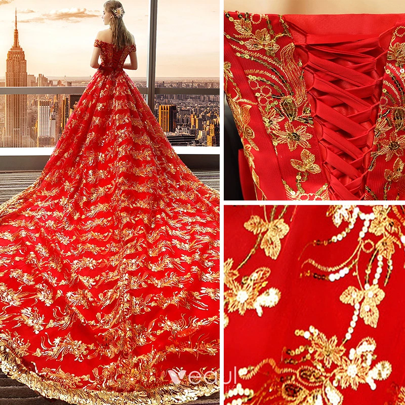 Luxury / Gorgeous Red Wedding Dresses A-Line / Princess 2018 Lace Sequins Off-The-Shoulder Sleeveless Backless Royal Train Wedding