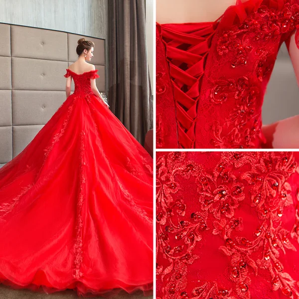 Modern / Fashion Red Wedding Dresses 2018 Ball Gown Beading Lace Sequins Off-The-Shoulder Backless Short Sleeve Royal Train Wedding