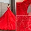 Modern / Fashion Red Wedding Dresses 2018 Ball Gown Beading Lace Sequins Off-The-Shoulder Backless Short Sleeve Royal Train Wedding