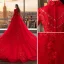 Wedding Dresses Red Zipper Up Appliques Crystal Flower Lace Cathedral Train Lace Tulle High Neck Wedding Fall Spring Summer 3/4 Sleeve Chic / Beautiful Ball Gown 2018