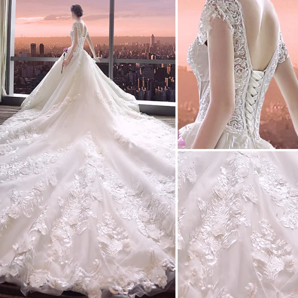 Luxury / Gorgeous Ivory Wedding Dresses 2018 Ball Gown Appliques Lace Flower Sequins V-Neck Backless Short Sleeve Royal Train Wedding