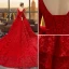 Schöne Rot Brautkleider 2018 Ballkleid Star Rundhalsausschnitt Lange Ärmel Rückenfreies Kathedrale Schleppe Hochzeit