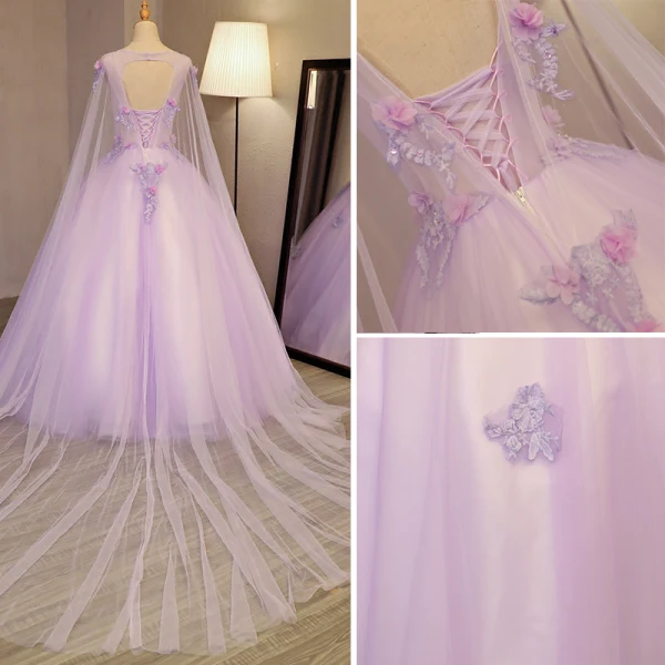 Elegant Lavender Prom Dresses 2018 Ball Gown Appliques Lace Flower Beading Pearl Sequins Scoop Neck Backless Sleeveless Watteau Train