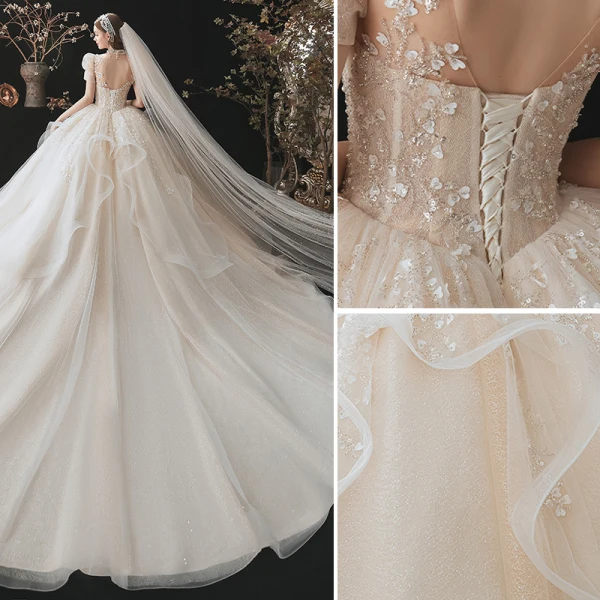 Fabelhaft Charmant Champagner Fallende Rüsche Brautkleider / Hochzeitskleider 2021 Ballkleid Stehkragen Perlenstickerei Pailletten Applikationen Kurze Ärmel Rückenfreies Königliche Schleppe Hochzeit