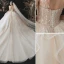Fabelhaft Charmant Champagner Fallende Rüsche Brautkleider / Hochzeitskleider 2021 Ballkleid Stehkragen Perlenstickerei Pailletten Applikationen Kurze Ärmel Rückenfreies Königliche Schleppe Hochzeit