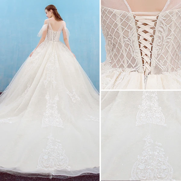 Elegant Ivory Wedding Dresses 2018 Ball Gown Beading Sequins Crystal Lace Flower Scoop Neck Backless Sleeveless Cathedral Train Wedding