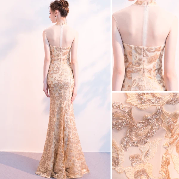Chinese style Champagne Evening Dresses 2018 Trumpet / Mermaid Sequins Rhinestone High Neck Sleeveless Floor-Length / Long Formal Dresses