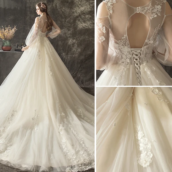 Charming Champagne Wedding Dresses 2018 A-Line / Princess Lace Flower Appliques Pearl Scoop Neck Long Sleeve Backless Cathedral Train Wedding