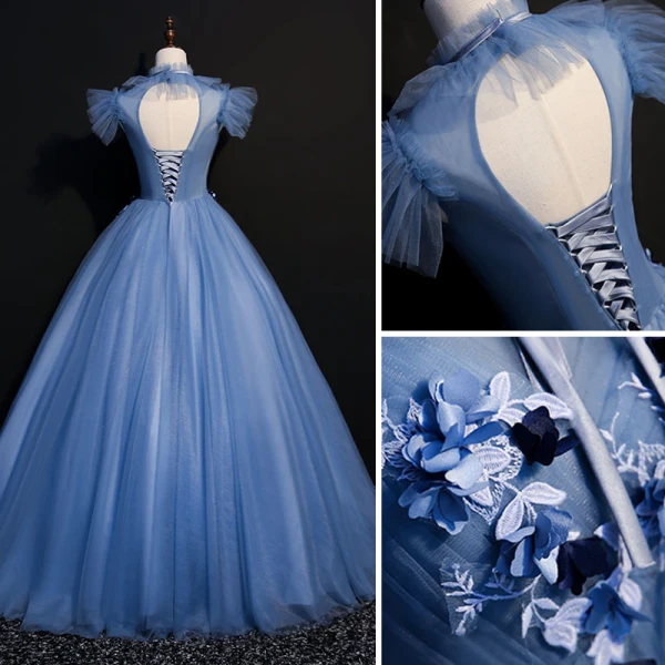 Vintage / Retro Ocean Blue Prom Dresses 2018 Ball Gown Lace Flower Appliques Bow Scoop Neck Backless Short Sleeve Floor-Length / Long Formal Dresses