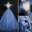 Vintage / Retro Ocean Blue Prom Dresses 2018 Ball Gown Lace Flower Appliques Bow Scoop Neck Backless Short Sleeve Floor-Length / Long Formal Dresses