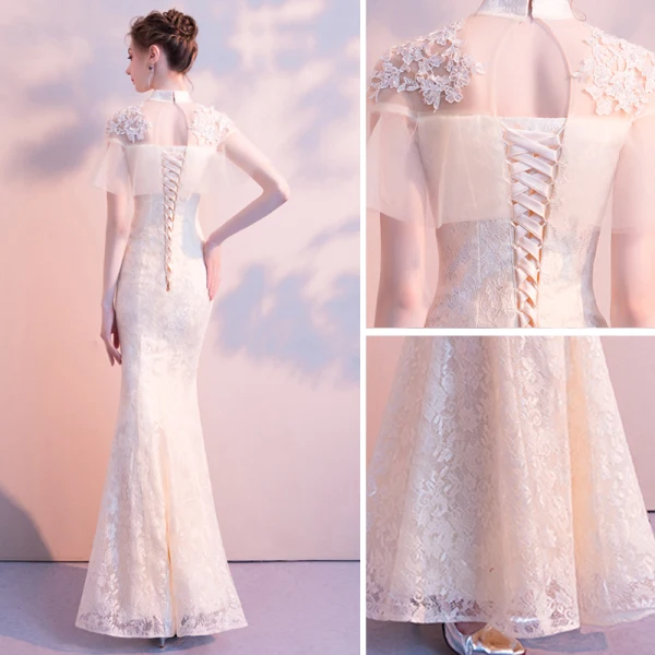 Chinese style Champagne Evening Dresses  2018 Trumpet / Mermaid Lace Flower Beading High Neck Backless Short Sleeve Floor-Length / Long Formal Dresses