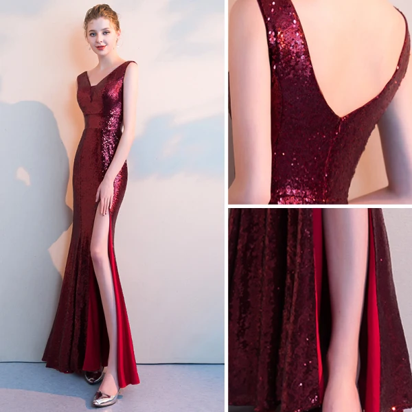 Sexy Burgunderrot Abendkleider 2018 Mermaid Gespaltete Front Pailletten V-Ausschnitt Rückenfreies Ärmellos Lange Festliche Kleider