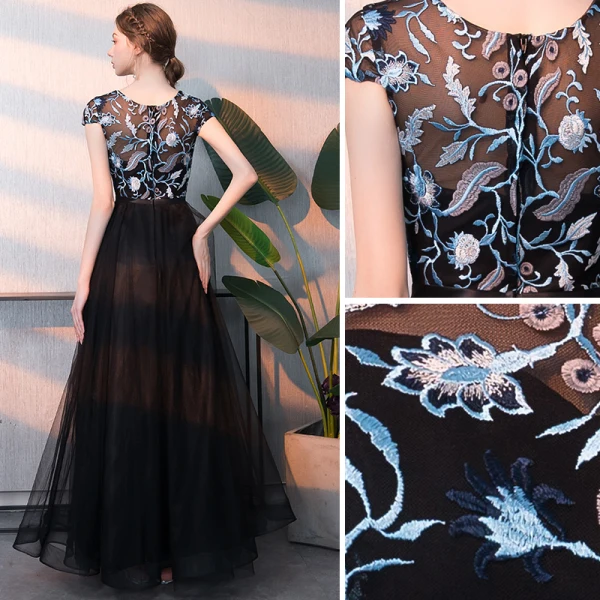 Elegant Black Prom Dresses 2018 A-Line / Princess Embroidered Scoop Neck Sleeveless Floor-Length / Long Formal Dresses