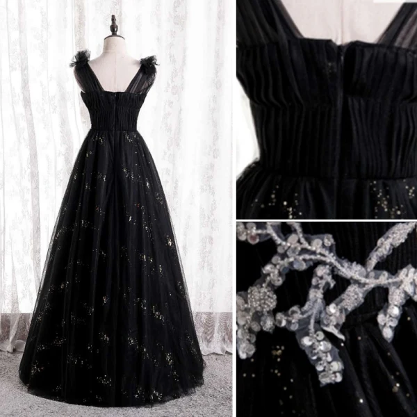 Chic / Belle Noire Robe De Bal 2021 Princesse V-Cou Volants Faux Diamant Paillettes Longue Sans Manches Dos Nu Robe De Ceremonie