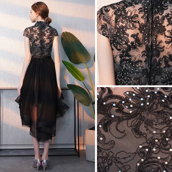 Elegant Black Cocktail Dresses 2018 A-Line / Princess Asymmetrical Rhinestone Embroidered High Neck Cap Sleeves Formal Dresses