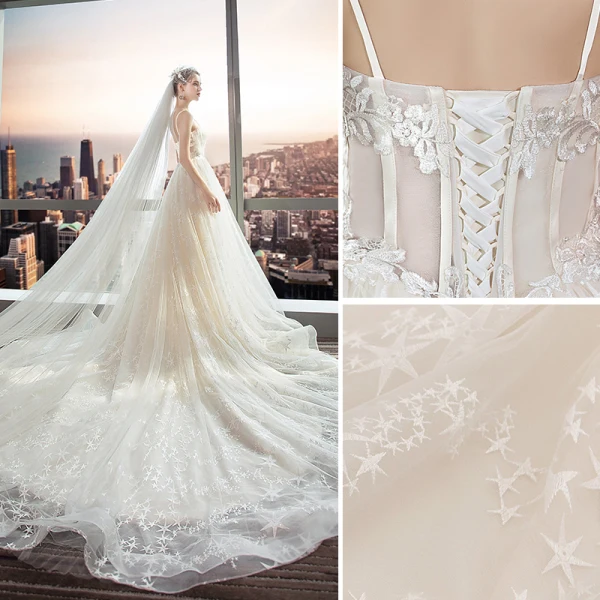 Modern / Fashion Champagne Wedding Dresses 2018 A-Line / Princess Lace Flower Star Spaghetti Straps Backless Sleeveless Cathedral Train Wedding