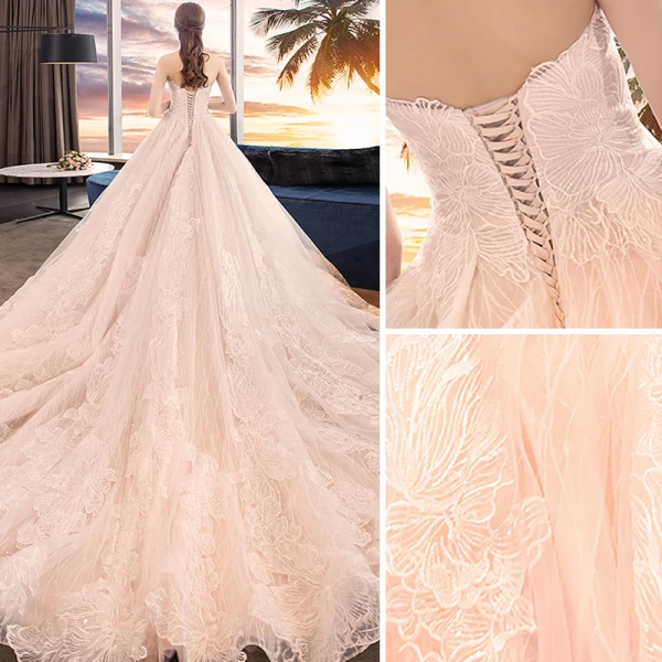 Elegant Champagne Brudekjoler Ballkjole 2018 Blonder Blomst Kjæreste Ryggløse Uten Ermer Royal Train Bryllup