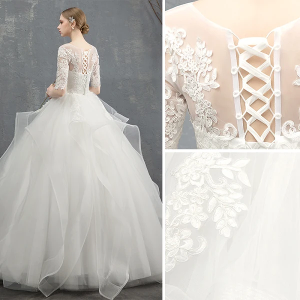 Elegant Ivory Wedding Dresses 2018 Ball Gown Cascading Ruffles Lace Flower Scoop Neck 1/2 Sleeves Floor-Length / Long Wedding