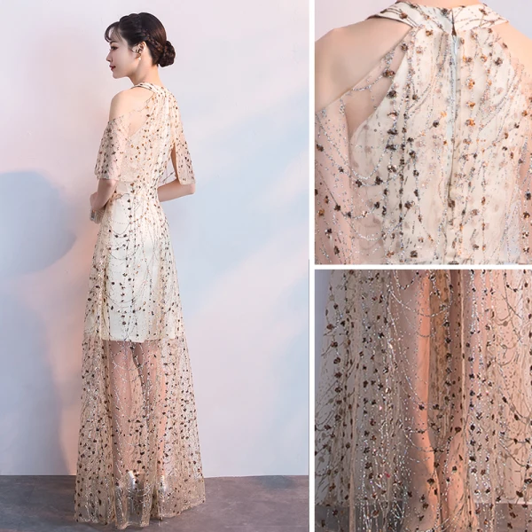 Sexy Champagne Evening Dresses  2018 A-Line / Princess Glitter Sequins Scoop Neck Strapless Sleeveless Floor-Length / Long Formal Dresses