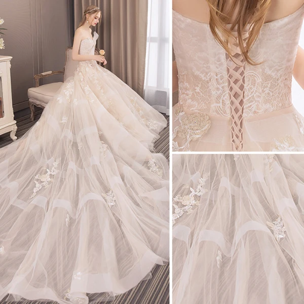 Modern / Fashion Champagne Wedding Dresses 2018 A-Line / Princess Appliques Lace Flower Pearl Sequins Bow Strapless Backless Sleeveless Cathedral Train Wedding