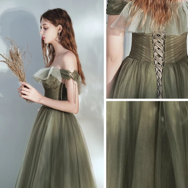 Fashion Clover Green Prom Dresses 2021 A-Line / Princess Off-The-Shoulder Short Sleeve Backless Floor-Length / Long Prom Formal Dresses