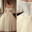 Elegant Champagne Wedding Dresses 2018 Ball Gown Lace Appliques Beading Pearl Sequins Off-The-Shoulder Sleeveless Backless Floor-Length / Long Wedding